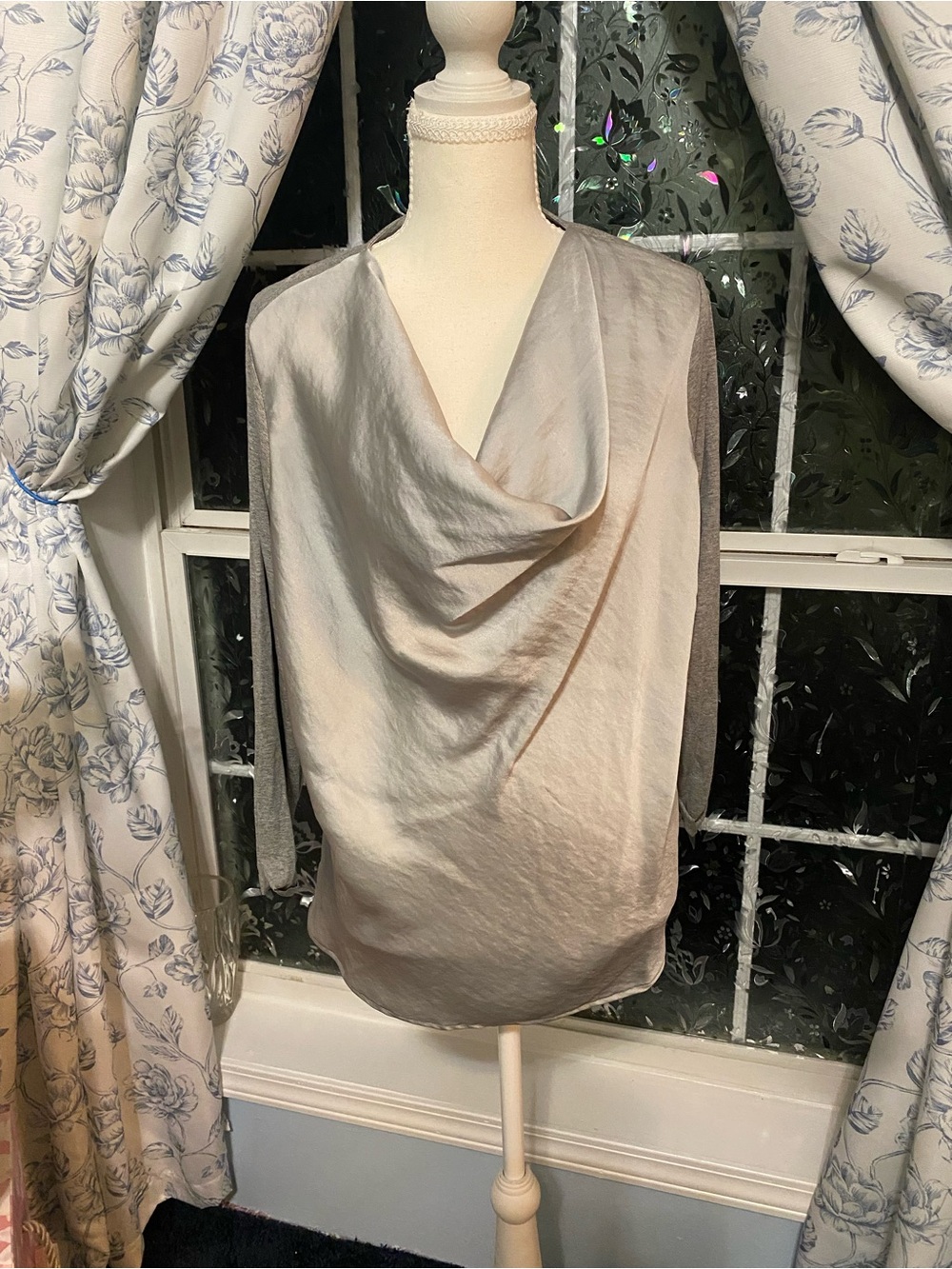 Vince Camuto Draped Cowl Neck Satin Blouse in Light Silver